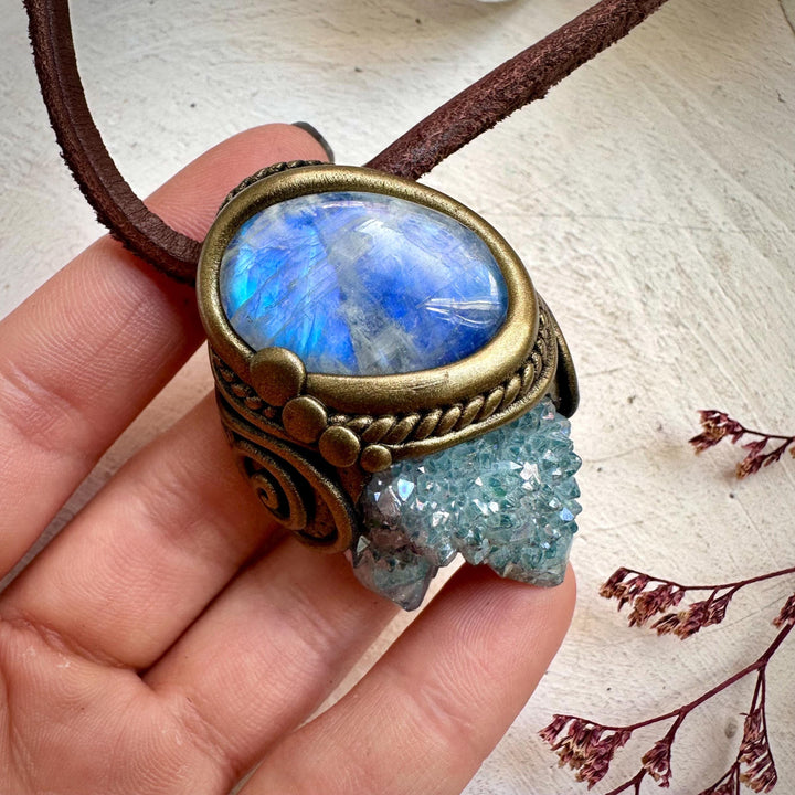 Aqua Aura Spirit Quartz and Rainbow Moonstone Necklace - FairyGardenGlow