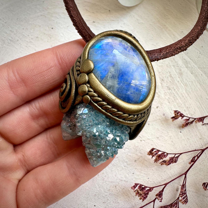 Aqua Aura Spirit Quartz and Rainbow Moonstone Necklace - FairyGardenGlow