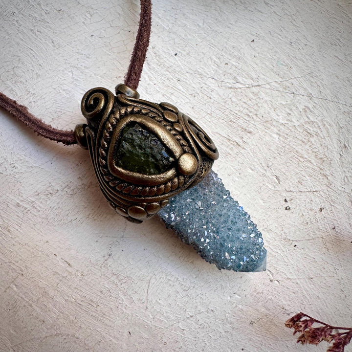 Aqua Aura Spirit Quartz and Moldavite Necklace - FairyGardenGlow
