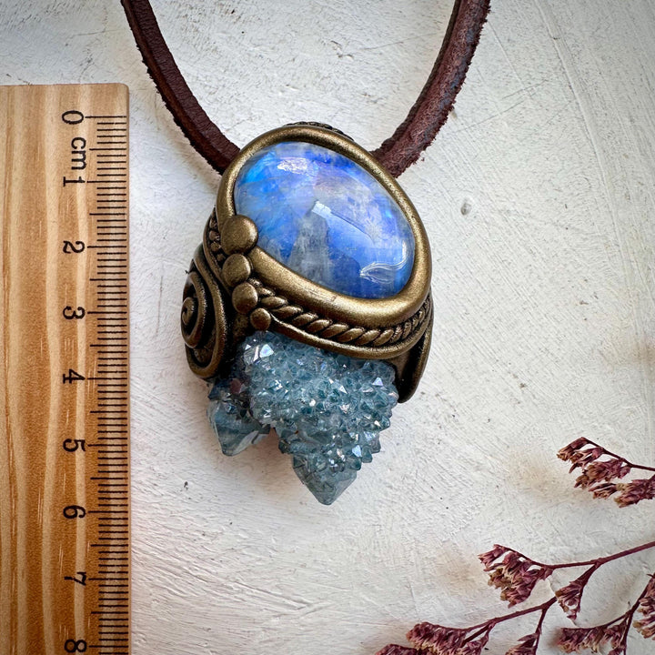 Aqua Aura Spirit Quartz and Rainbow Moonstone Necklace - FairyGardenGlow