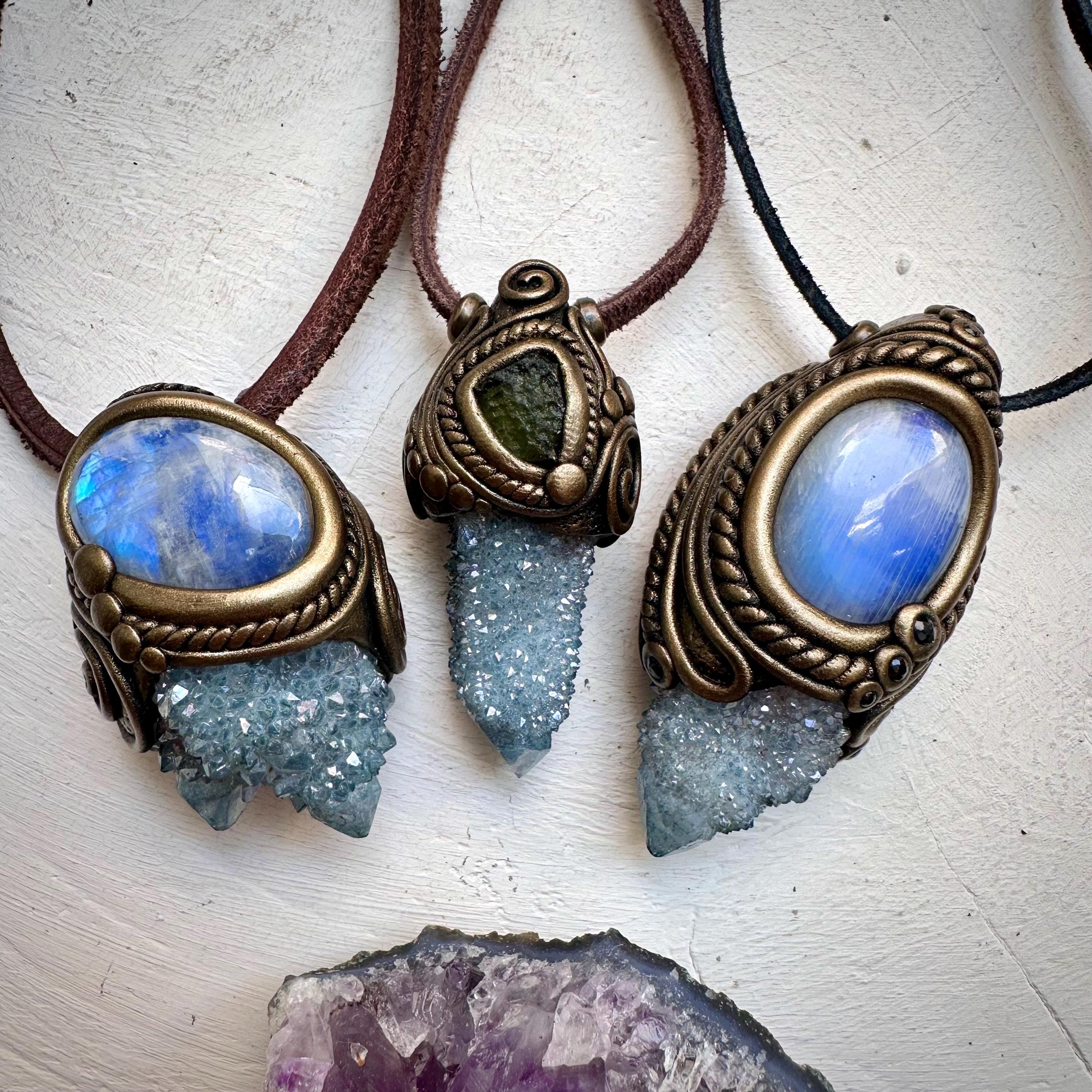Aqua Aura Spirit Quartz and Rainbow Moonstone Necklace - FairyGardenGlow