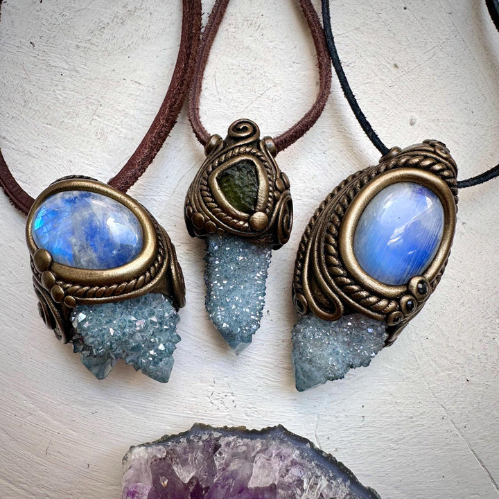 Aqua Aura Spirit Quartz and Rainbow Moonstone Necklace - FairyGardenGlow