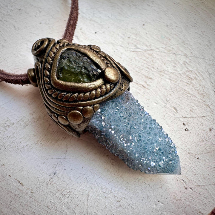 Aqua Aura Spirit Quartz and Moldavite Necklace - FairyGardenGlow