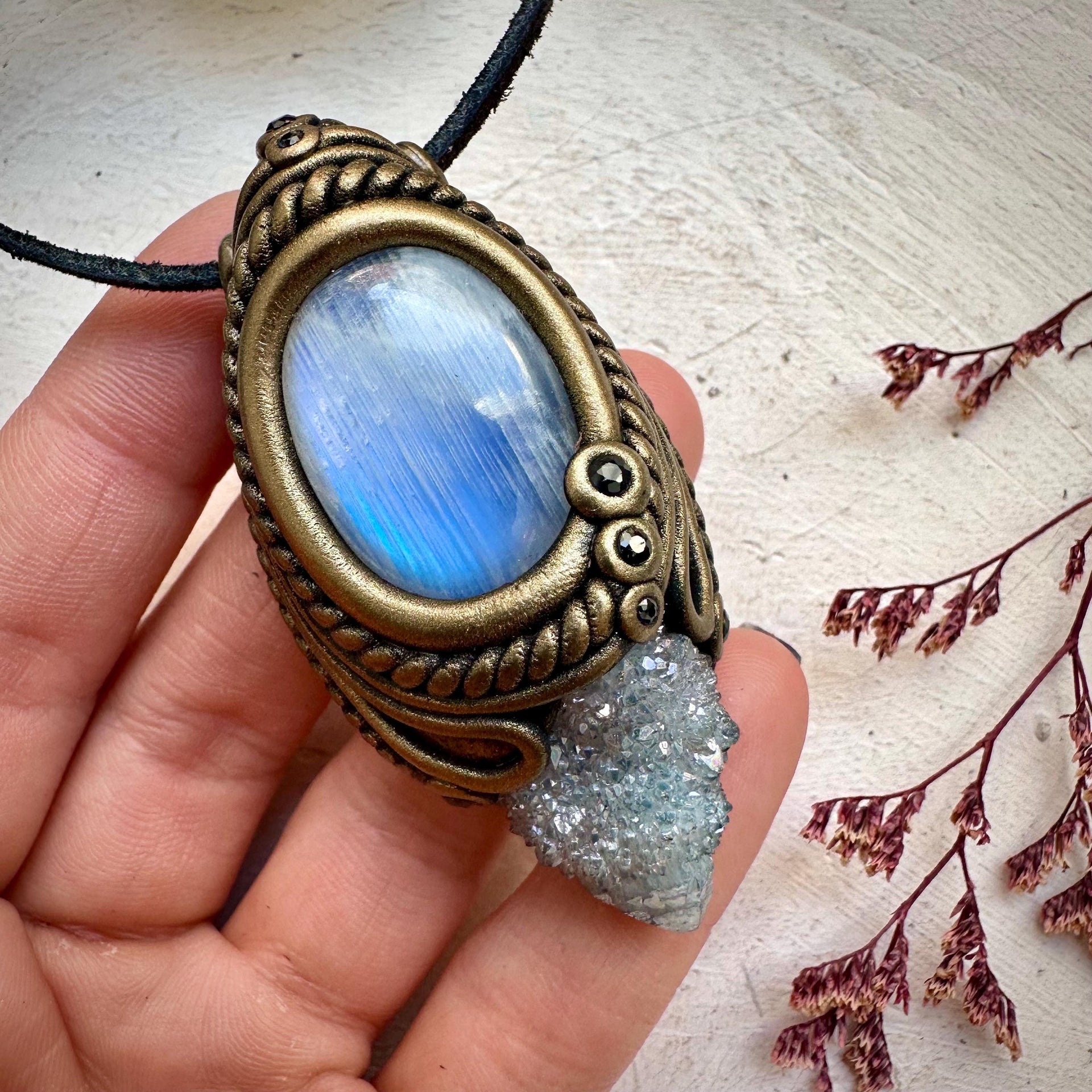 Aqua Aura Quartz Rainbow Moonstone and Blue Sapphire Necklace