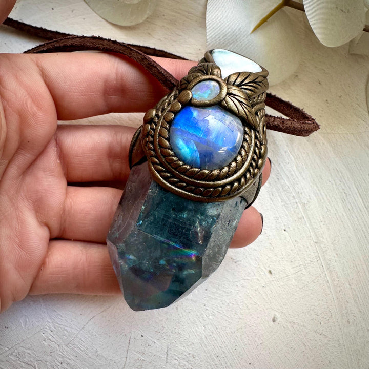 Aqua Aura Quartz Larimar Rainbow Moonstone and Australian Opal Wand / Necklace - FairyGardenGlow