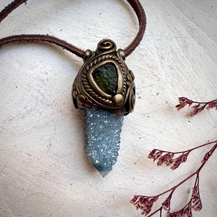 Aqua Aura Spirit Quartz and Moldavite Necklace - FairyGardenGlow