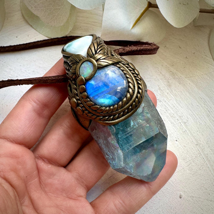 Aqua Aura Quartz Larimar Rainbow Moonstone and Australian Opal Wand / Necklace - FairyGardenGlow