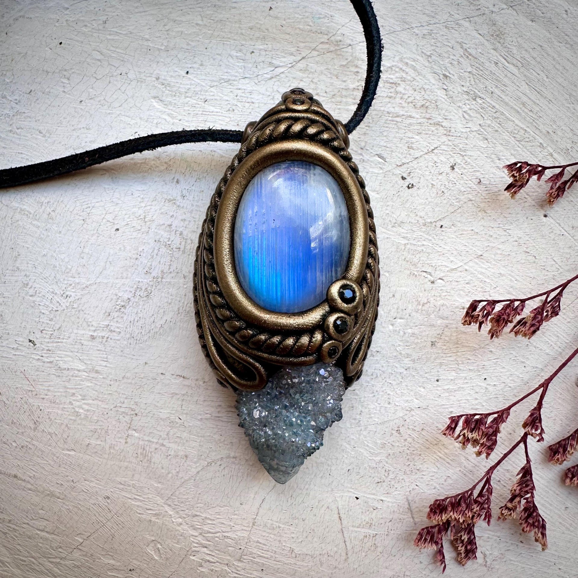 Aqua Aura Quartz Rainbow Moonstone and Blue Sapphire Necklace