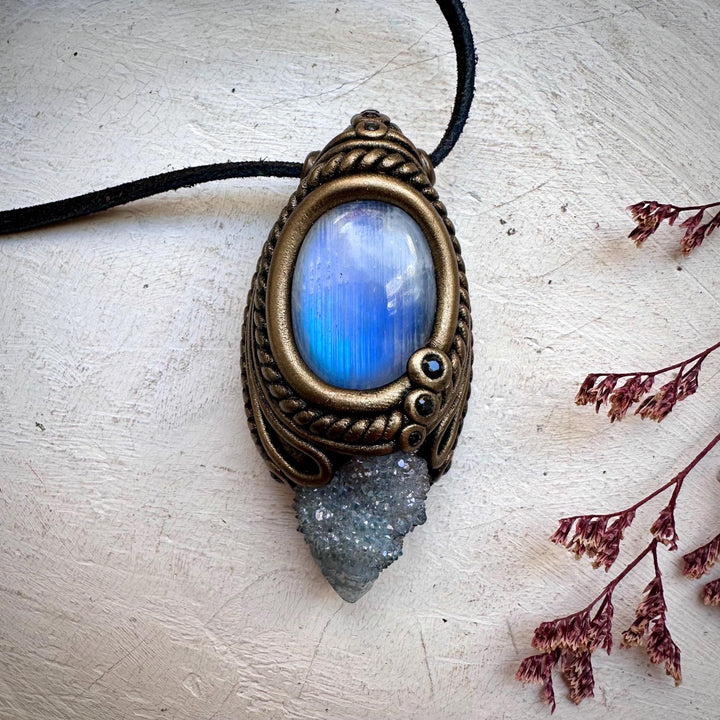 Aqua Aura Quartz Rainbow Moonstone and Blue Sapphire Necklace - FairyGardenGlow