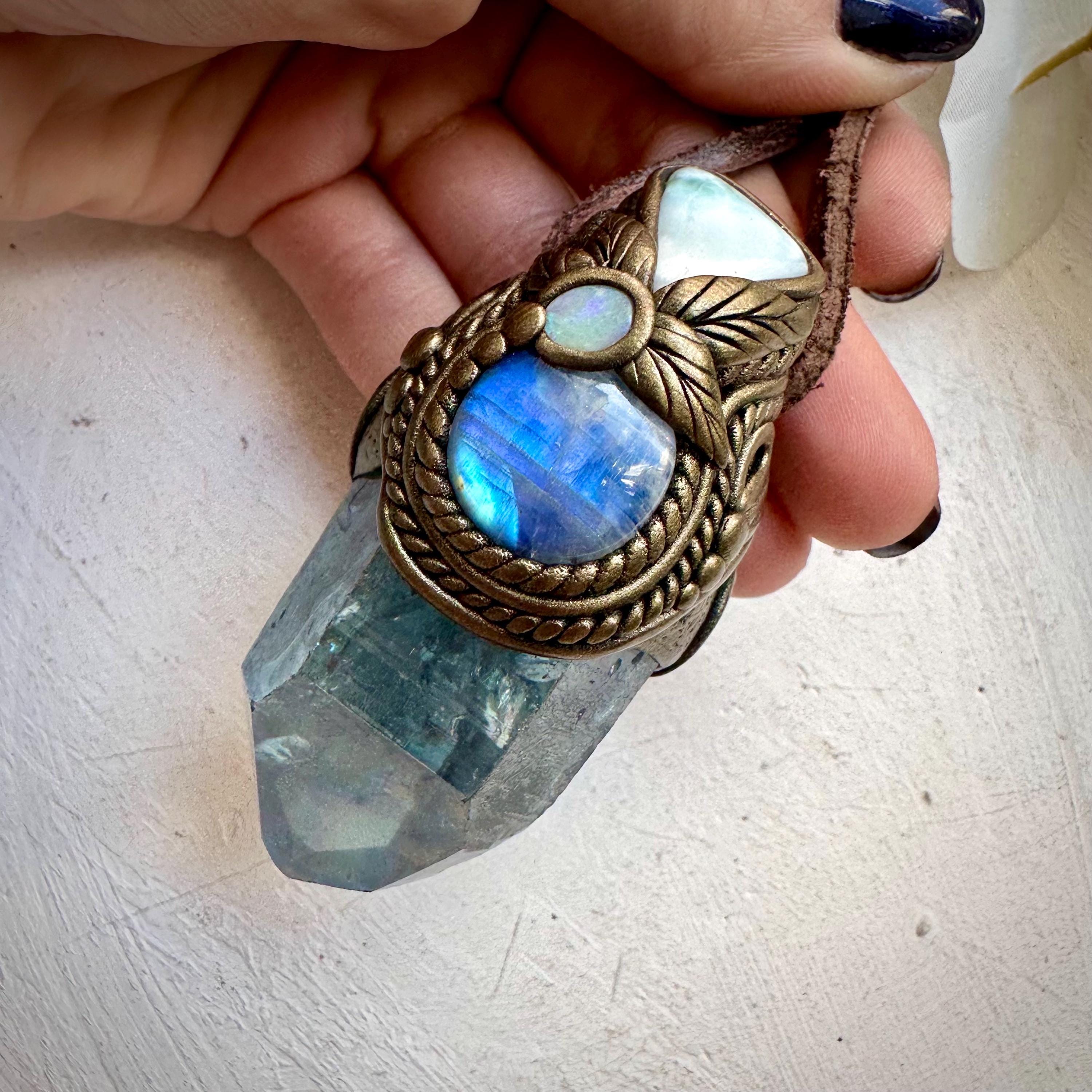 Aqua Aura Quartz Larimar Rainbow Moonstone and Australian Opal Wand / Necklace - FairyGardenGlow