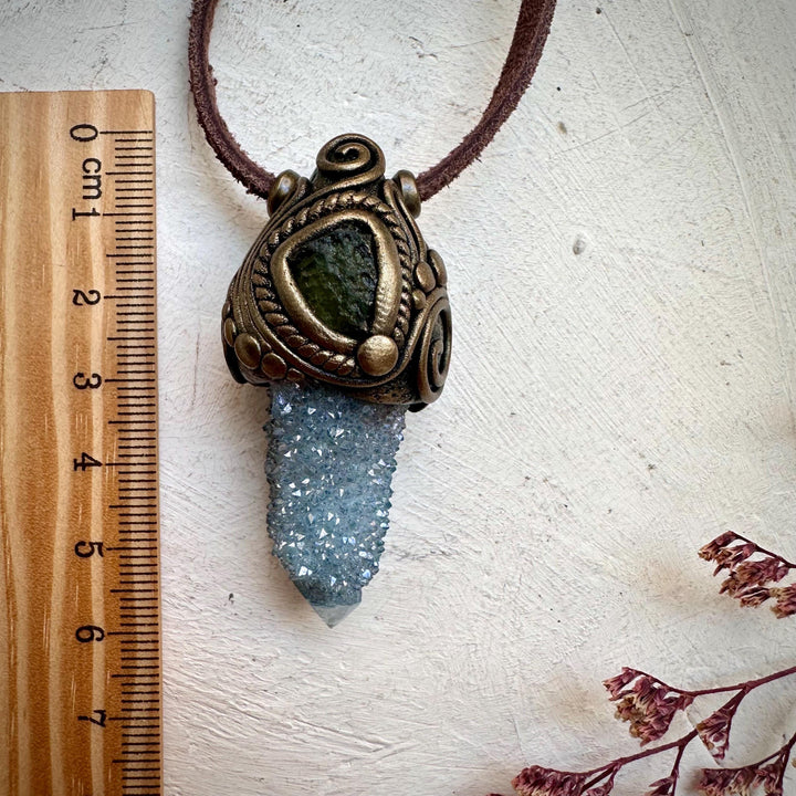 Aqua Aura Spirit Quartz and Moldavite Necklace - FairyGardenGlow