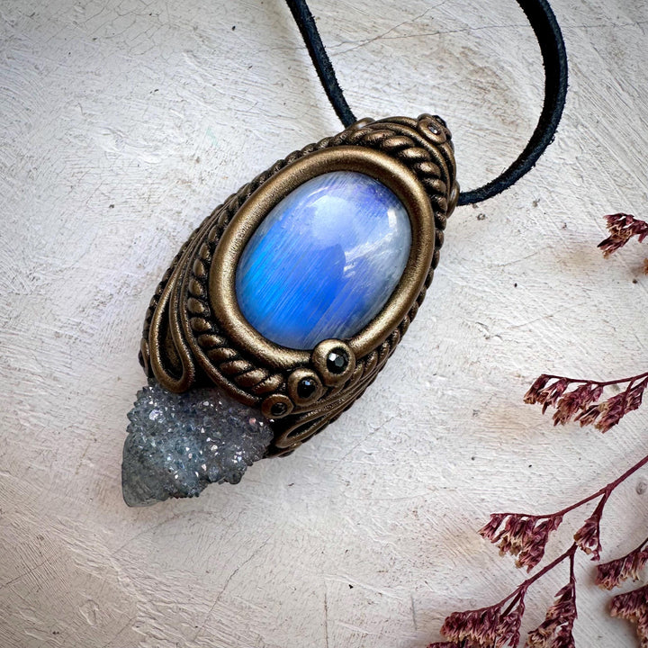 Aqua Aura Quartz Rainbow Moonstone and Blue Sapphire Necklace - FairyGardenGlow