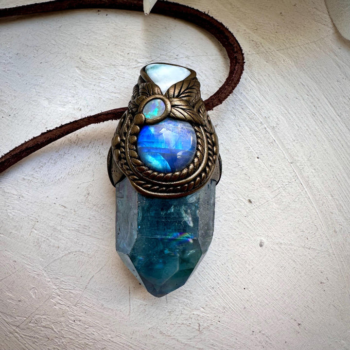 Aqua Aura Quartz Larimar Rainbow Moonstone and Australian Opal Wand / Necklace - FairyGardenGlow