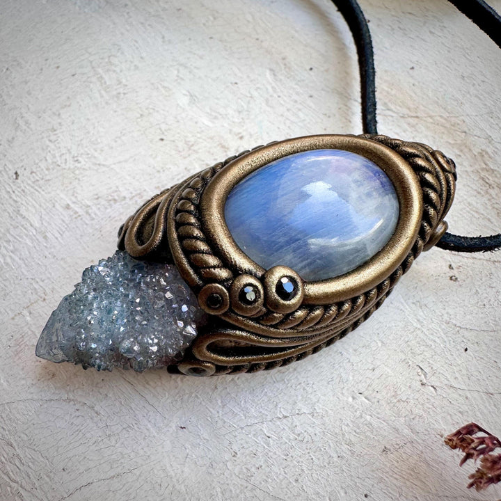 Aqua Aura Quartz Rainbow Moonstone and Blue Sapphire Necklace - FairyGardenGlow