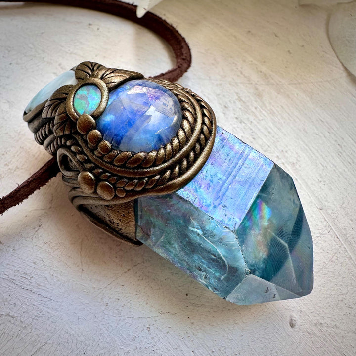 Aqua Aura Quartz Larimar Rainbow Moonstone and Australian Opal Wand / Necklace - FairyGardenGlow