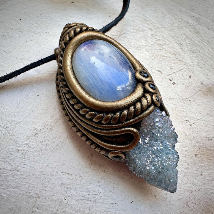 Aqua Aura Quartz Rainbow Moonstone and Blue Sapphire Necklace - FairyGardenGlow