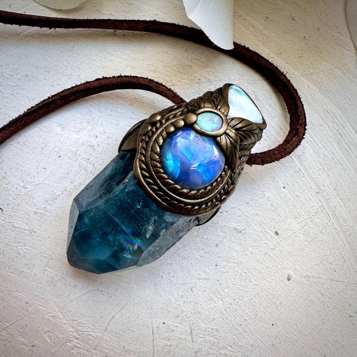 Aqua Aura Quartz Larimar Rainbow Moonstone and Australian Opal Wand / Necklace - FairyGardenGlow
