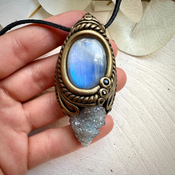 Aqua Aura Quartz Rainbow Moonstone and Blue Sapphire Necklace - FairyGardenGlow