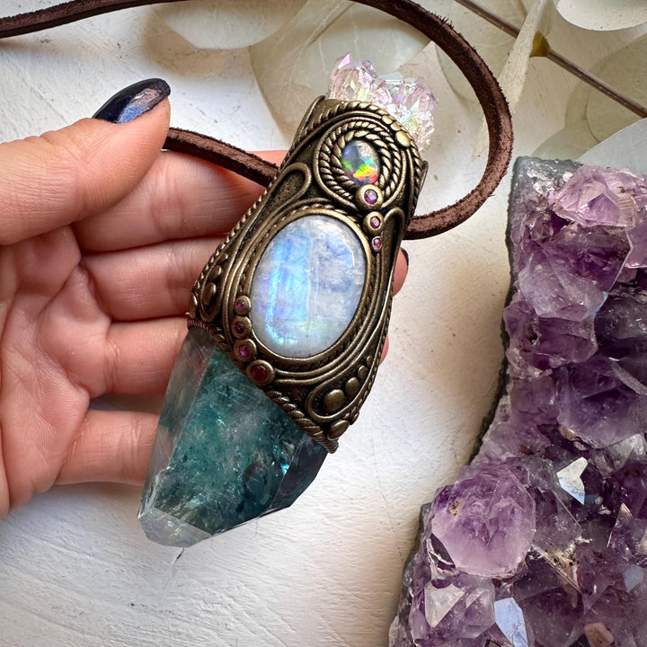 Aqua Aura Quartz with Angel Aura Amethyst Rainbow Moonstone Australian Opal Triplet and Ruby Wand / Pendant - FairyGardenGlow