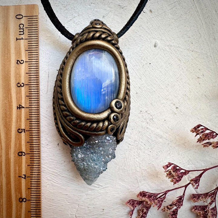Aqua Aura Quartz Rainbow Moonstone and Blue Sapphire Necklace - FairyGardenGlow