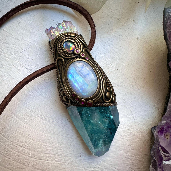 Aqua Aura Quartz with Angel Aura Amethyst Rainbow Moonstone Australian Opal Triplet and Ruby Wand / Pendant - FairyGardenGlow