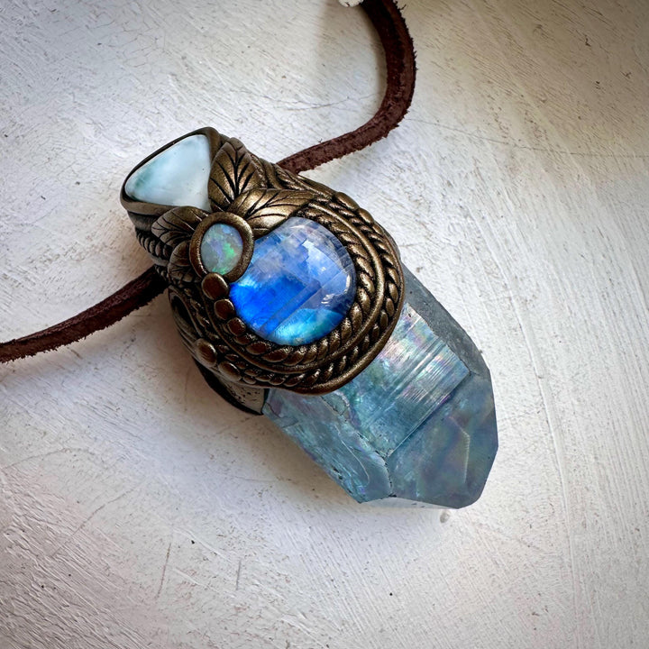 Aqua Aura Quartz Larimar Rainbow Moonstone and Australian Opal Wand / Necklace - FairyGardenGlow