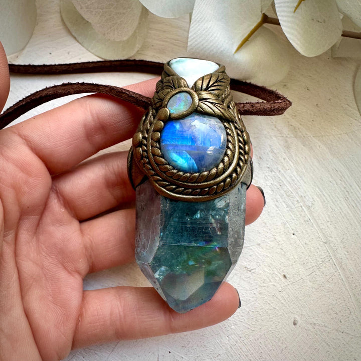 Aqua Aura Quartz Larimar Rainbow Moonstone and Australian Opal Wand / Necklace - FairyGardenGlow