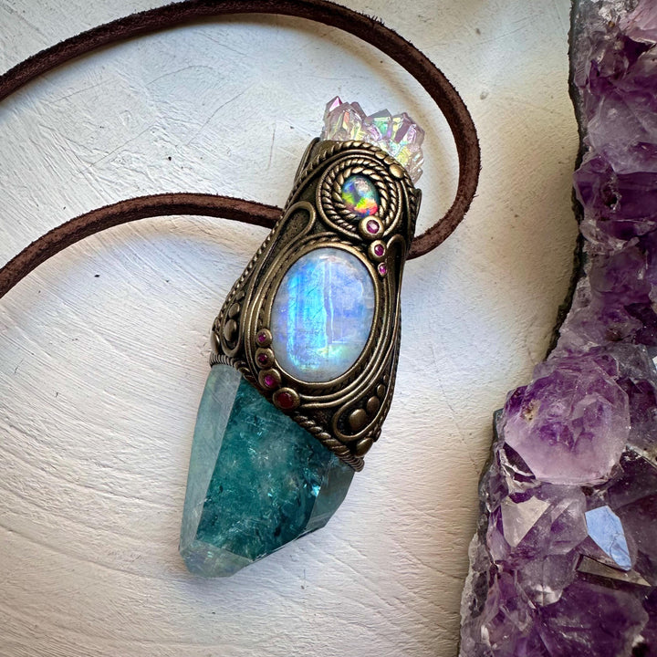 Aqua Aura Quartz with Angel Aura Amethyst Rainbow Moonstone Australian Opal Triplet and Ruby Wand / Pendant - FairyGardenGlow