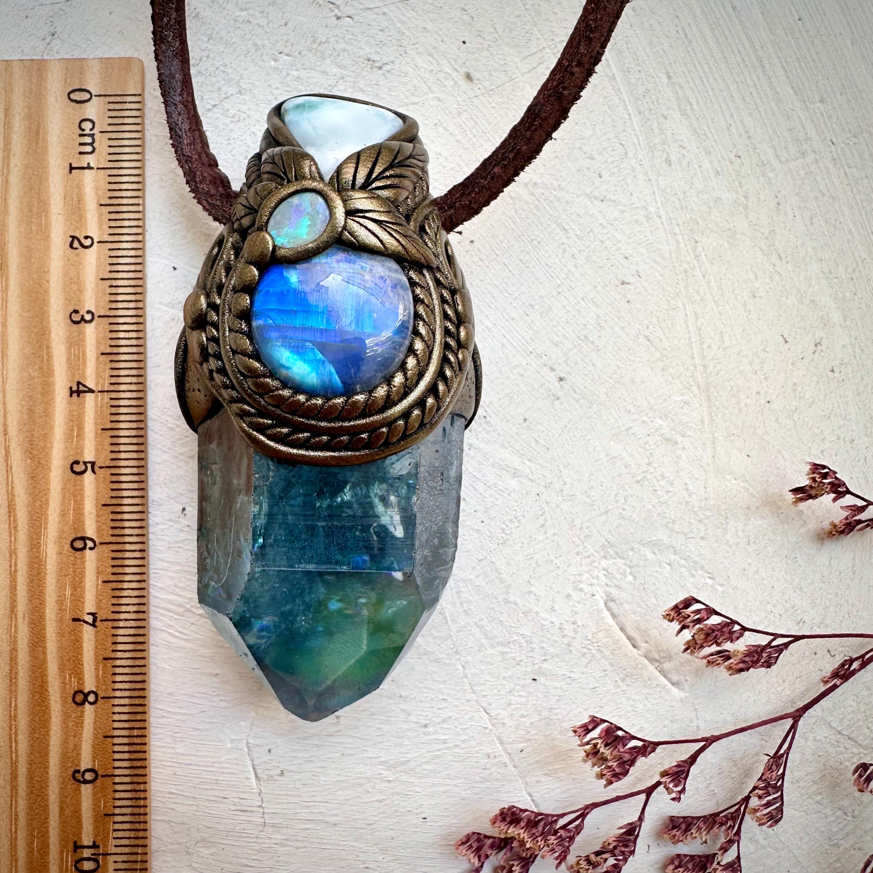 Aqua Aura Quartz Larimar Rainbow Moonstone and Australian Opal Wand / Necklace - FairyGardenGlow