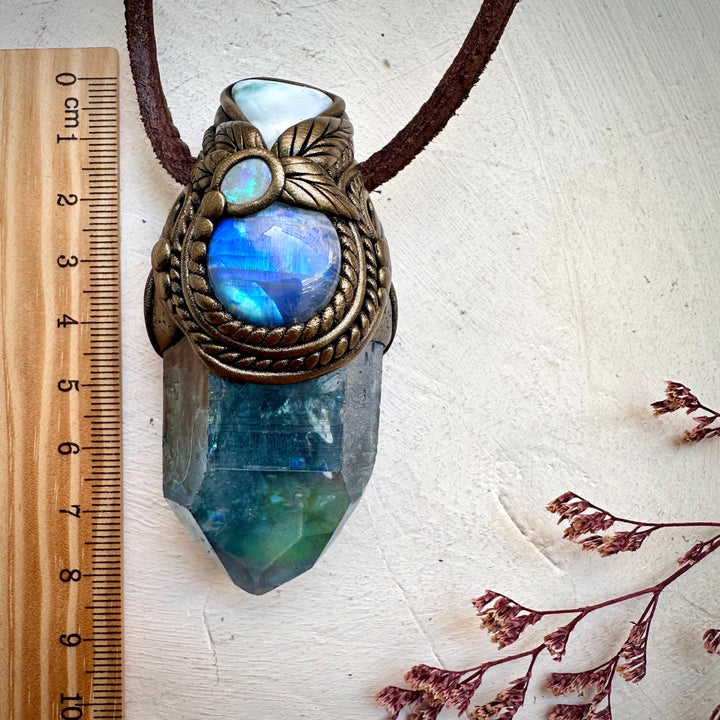 Aqua Aura Quartz Larimar Rainbow Moonstone and Australian Opal Wand / Necklace - FairyGardenGlow