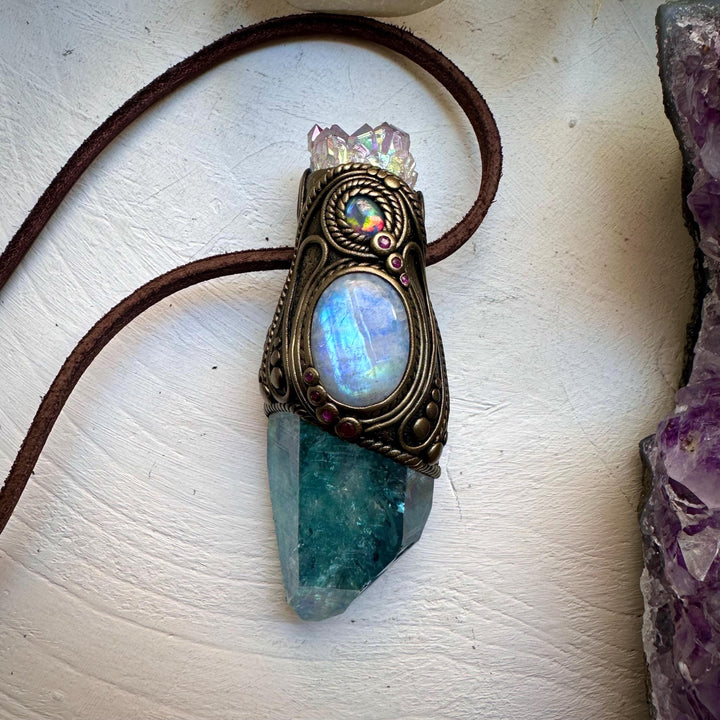 Aqua Aura Quartz with Angel Aura Amethyst Rainbow Moonstone Australian Opal Triplet and Ruby Wand / Pendant - FairyGardenGlow