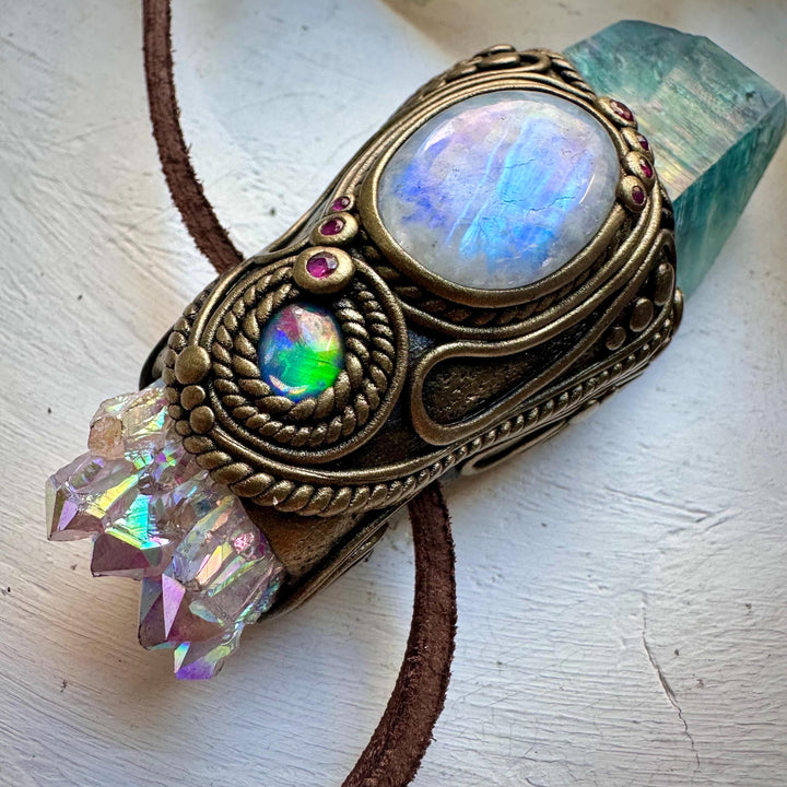 Aqua Aura Quartz with Angel Aura Amethyst Rainbow Moonstone Australian Opal Triplet and Ruby Wand / Pendant - FairyGardenGlow