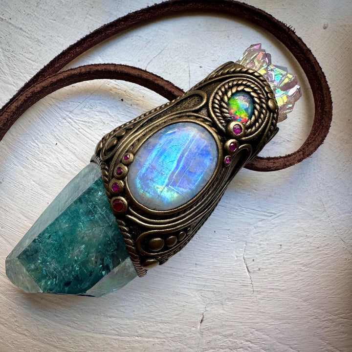 Aqua Aura Quartz with Angel Aura Amethyst Rainbow Moonstone Australian Opal Triplet and Ruby Wand / Pendant - FairyGardenGlow