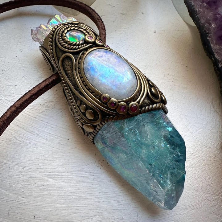 Aqua Aura Quartz with Angel Aura Amethyst Rainbow Moonstone Australian Opal Triplet and Ruby Wand / Pendant - FairyGardenGlow