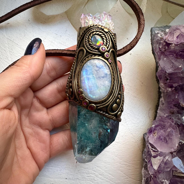 Aqua Aura Quartz with Angel Aura Amethyst Rainbow Moonstone Australian Opal Triplet and Ruby Wand / Pendant - FairyGardenGlow