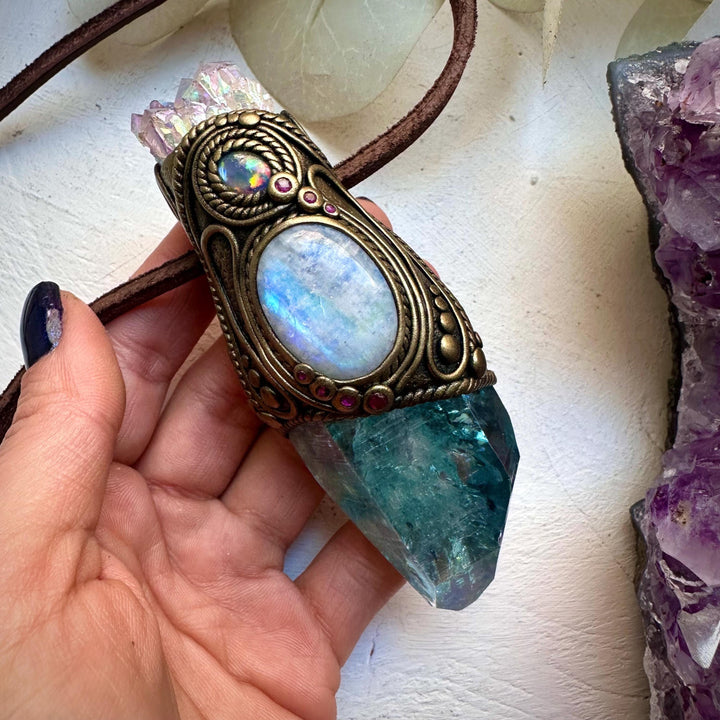 Aqua Aura Quartz with Angel Aura Amethyst Rainbow Moonstone Australian Opal Triplet and Ruby Wand / Pendant - FairyGardenGlow