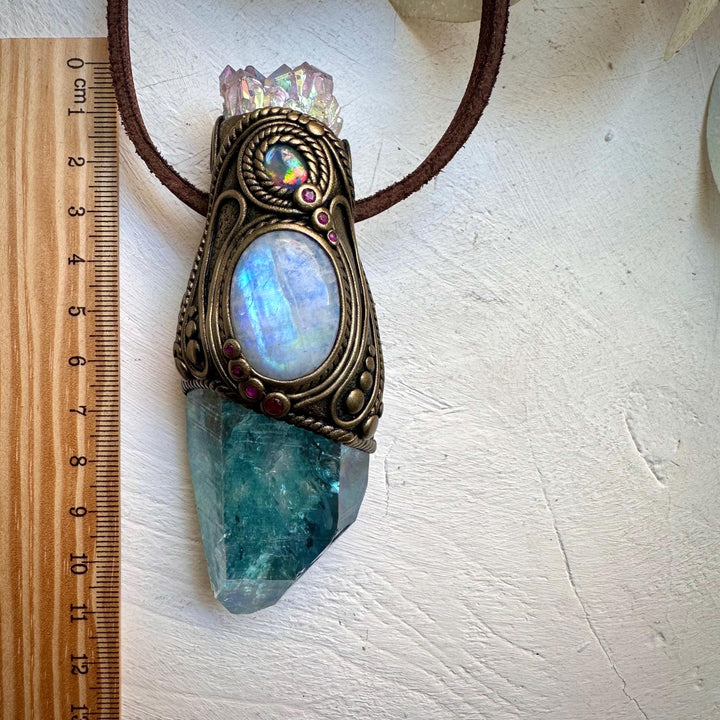 Aqua Aura Quartz with Angel Aura Amethyst Rainbow Moonstone Australian Opal Triplet and Ruby Wand / Pendant - FairyGardenGlow