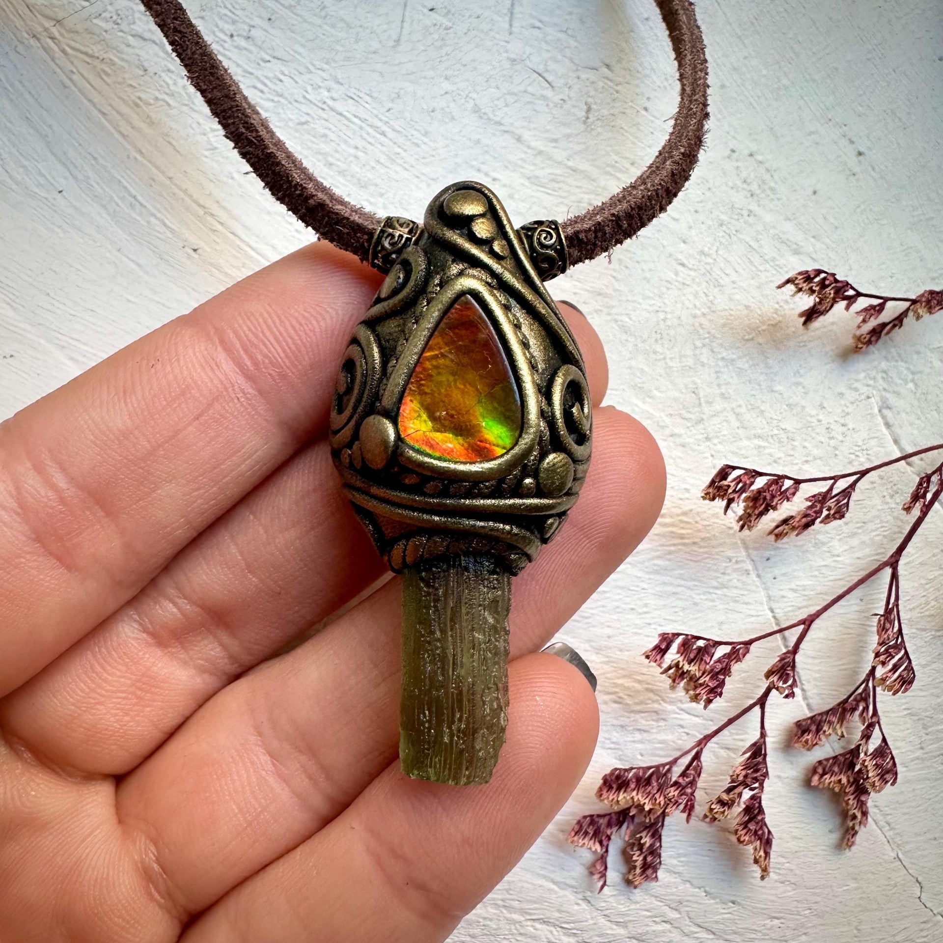 Moldavite and Ammolite Necklace - FairyGardenGlow