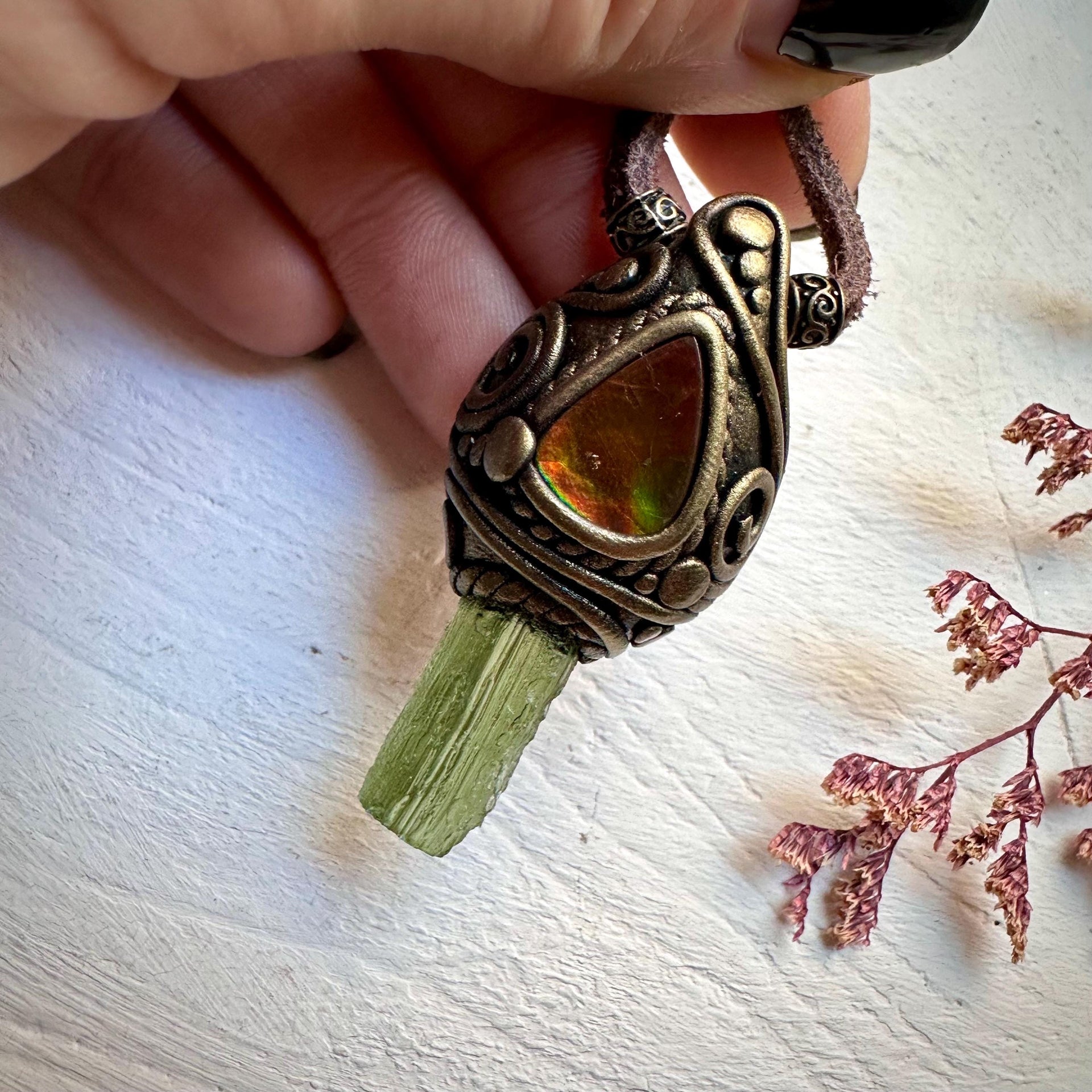 Moldavite and Ammolite Necklace - FairyGardenGlow