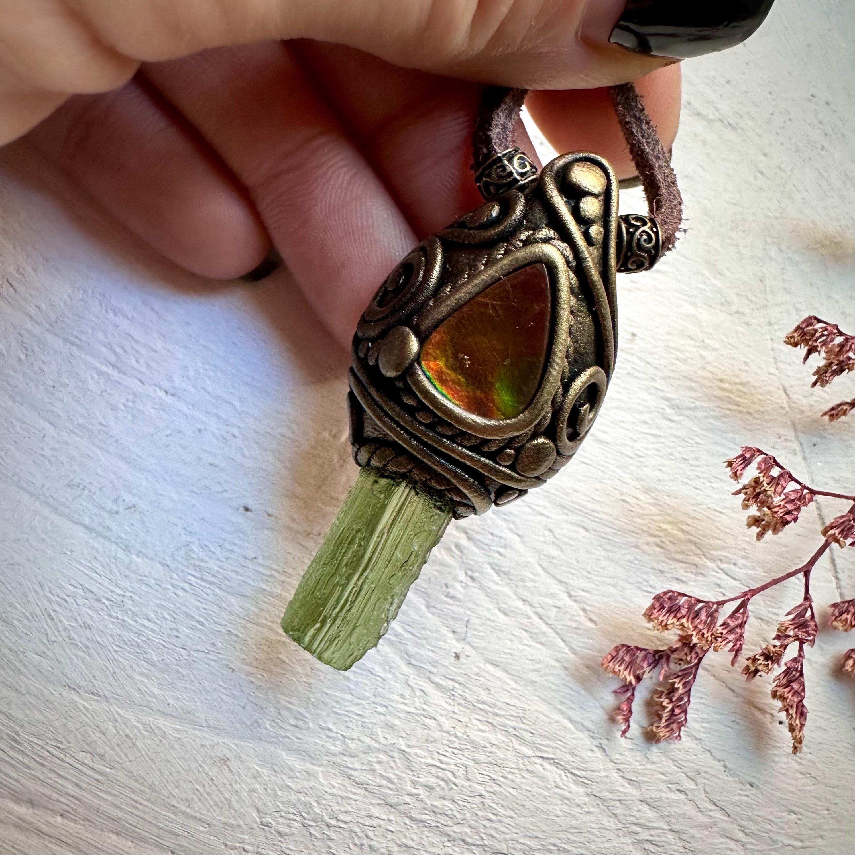 Moldavite and Ammolite Necklace - FairyGardenGlow