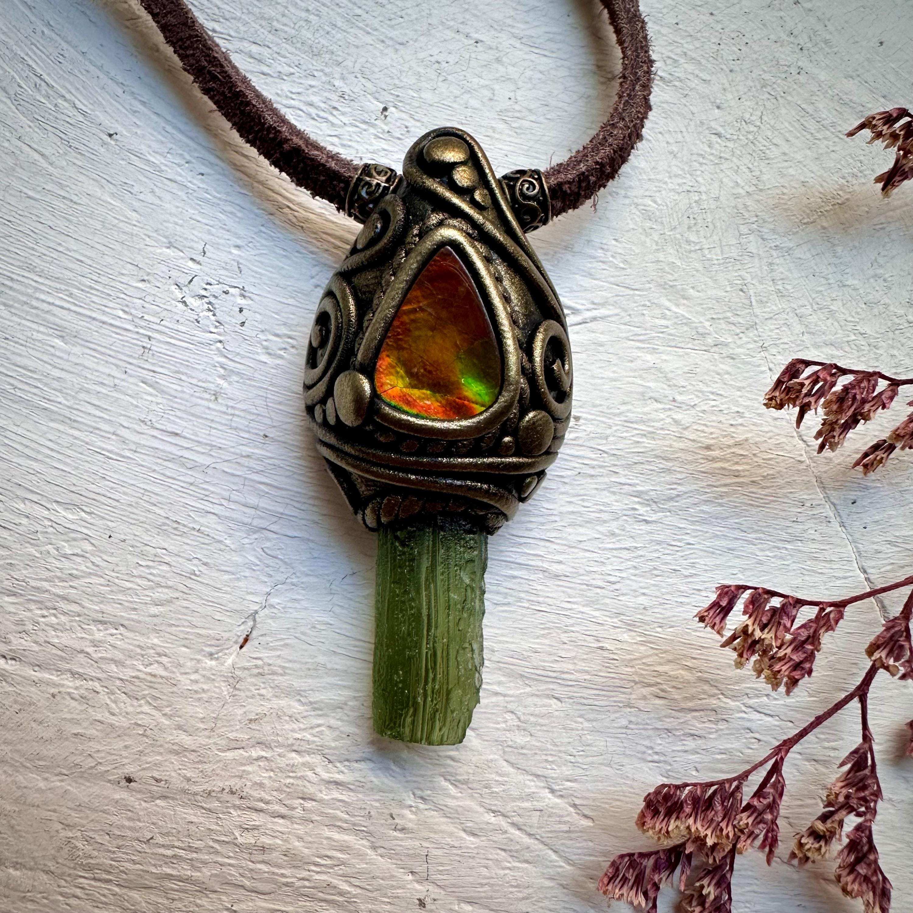 Moldavite and Ammolite Necklace - FairyGardenGlow