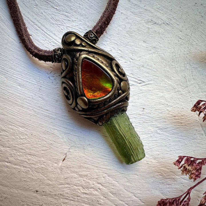 Moldavite and Ammolite Necklace - FairyGardenGlow