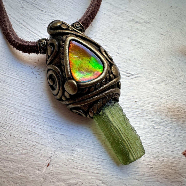 Moldavite and Ammolite Necklace - FairyGardenGlow