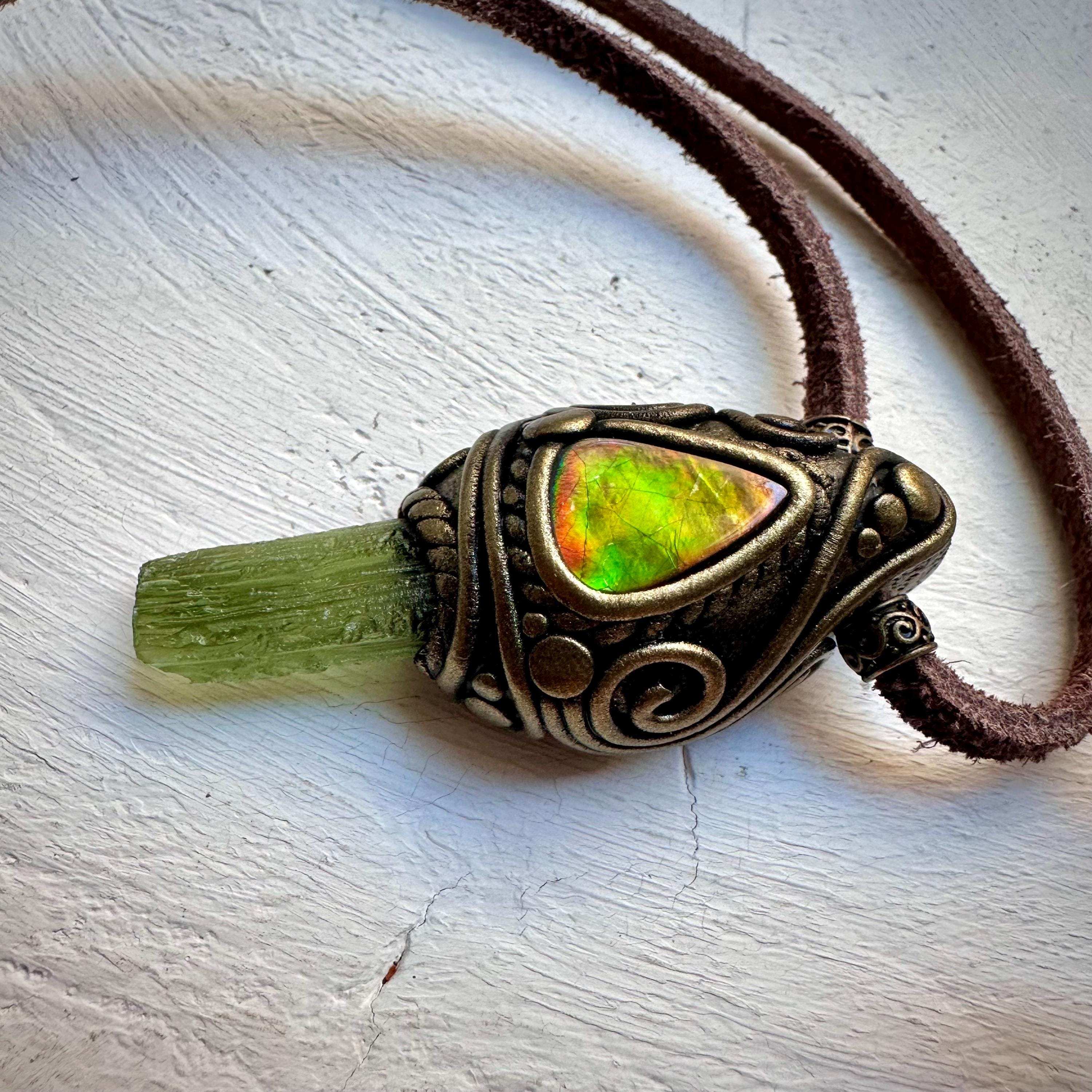 Moldavite and Ammolite Necklace - FairyGardenGlow