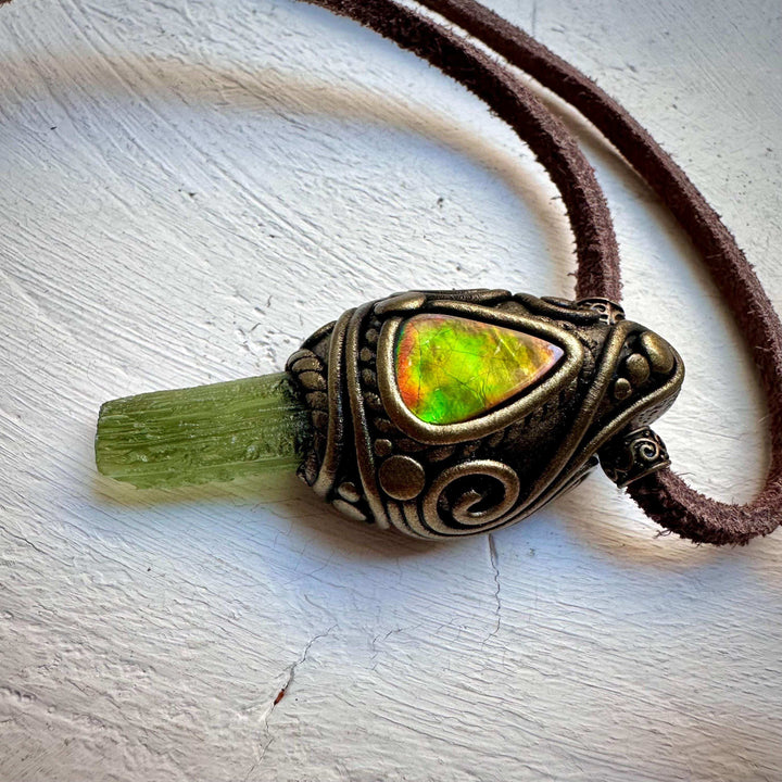 Moldavite and Ammolite Necklace - FairyGardenGlow