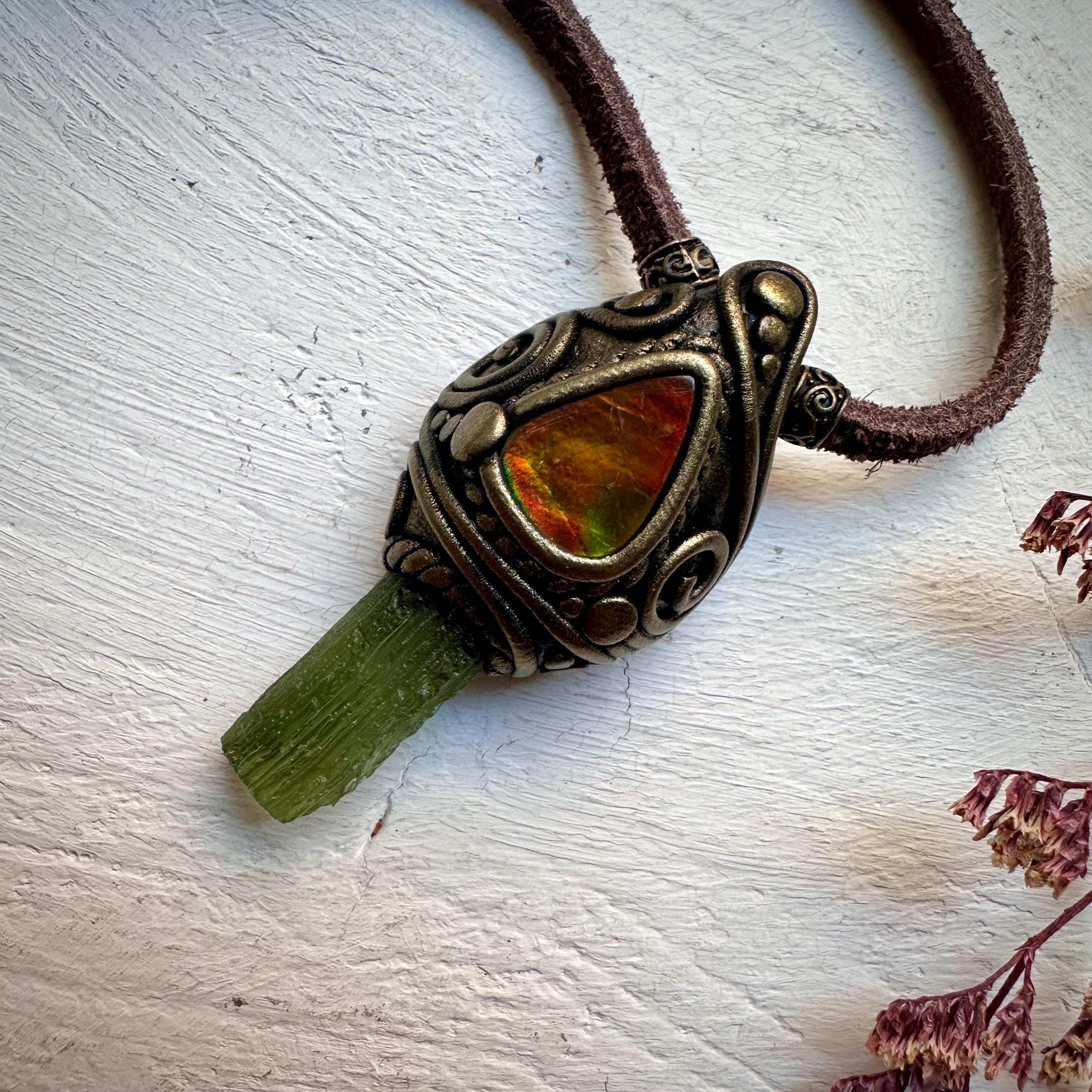 Moldavite and Ammolite Necklace - FairyGardenGlow