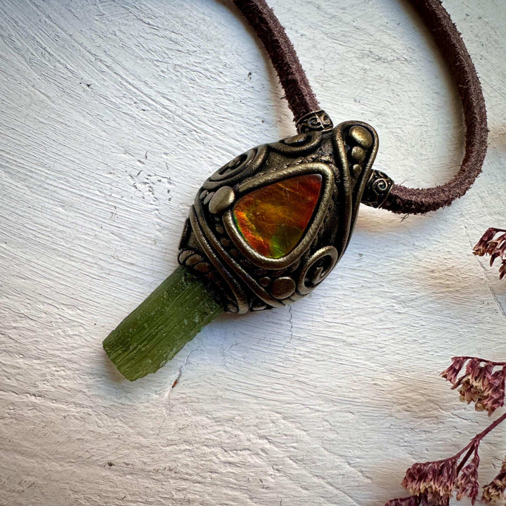 Moldavite and Ammolite Necklace - FairyGardenGlow