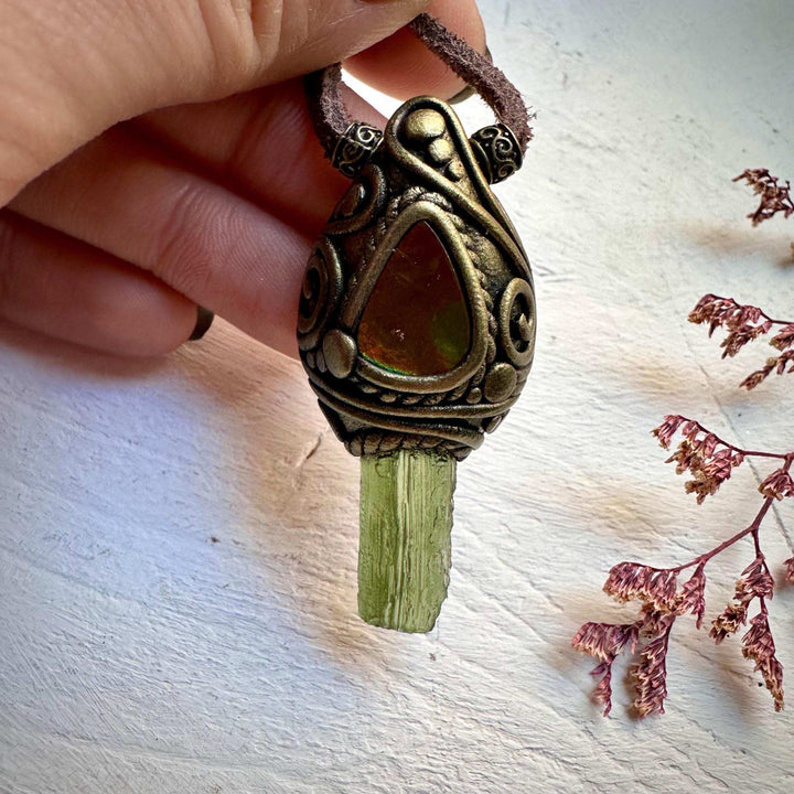 Moldavite and Ammolite Necklace - FairyGardenGlow