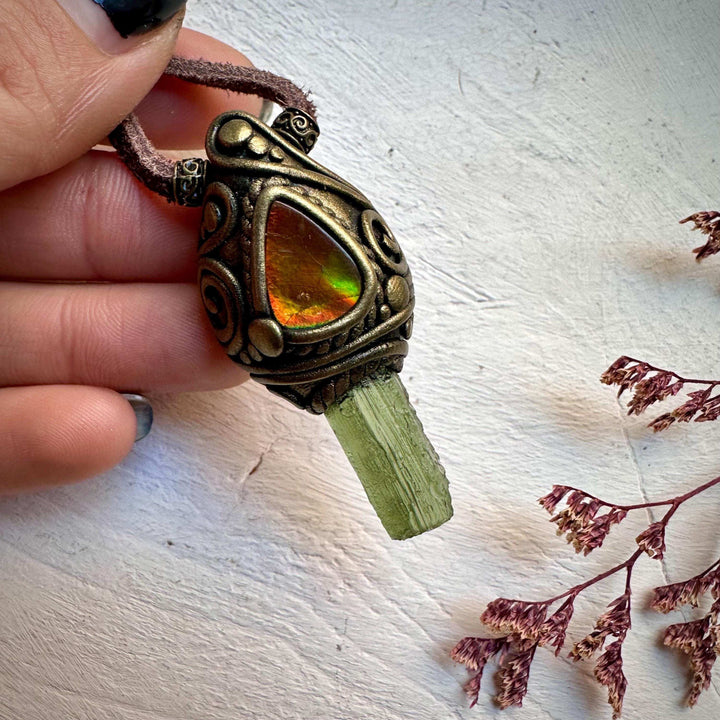 Moldavite and Ammolite Necklace - FairyGardenGlow