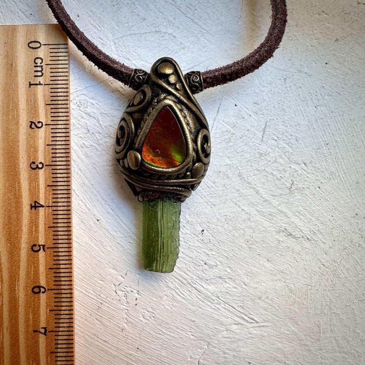 Moldavite and Ammolite Necklace - FairyGardenGlow